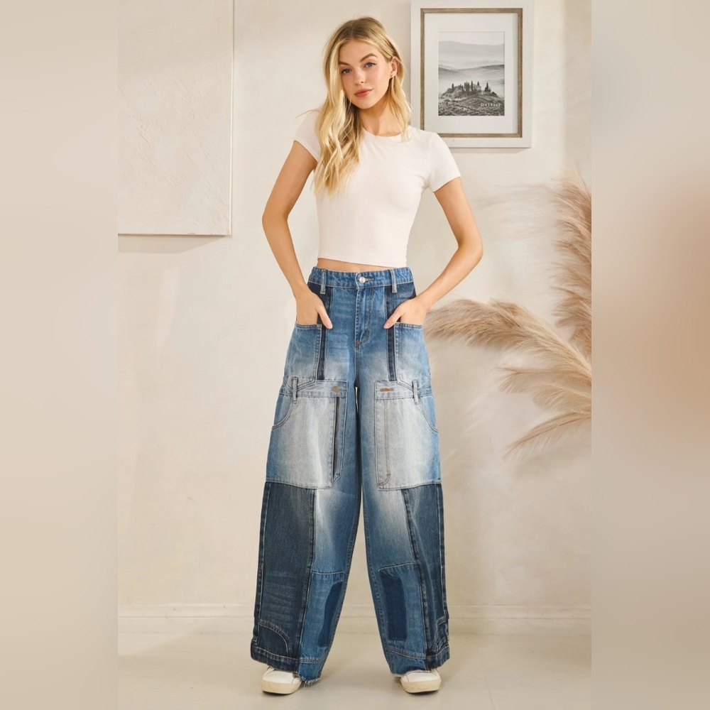 Oli & Hali Upside-Down Wide-Leg Jeans in Light & Dark Blue size Large - Picture 2 of 12
